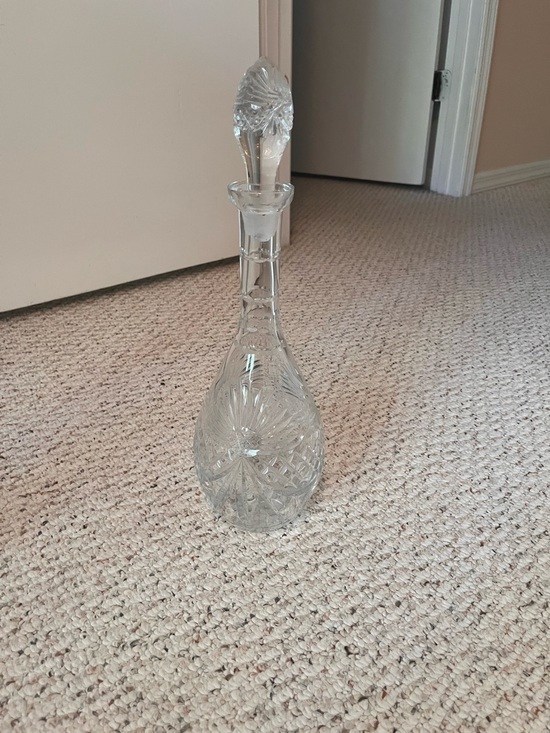 Other - Large 15” Vintage Crystal Cut Glass Decanter Stopper Etched Star Burst Design